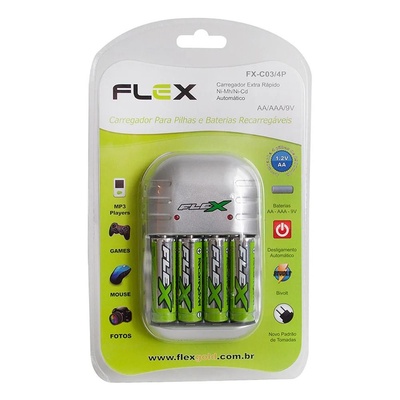 CARREGADOR DE PILHA 9V COM 4 PILHAS AAA FX C03 AAA FLEX - Imagem 2